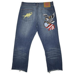 Y2k Ed Hardy Size 38x35 Embroidered Eagle America Denim Raw Hem Jeans P85C
